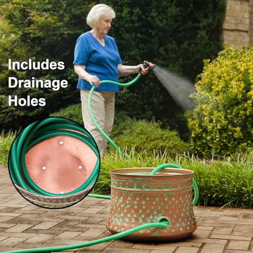 Garden Hose Pot with Patina Finish - Hand-Hammered Steel, Holds 100ft Hose
