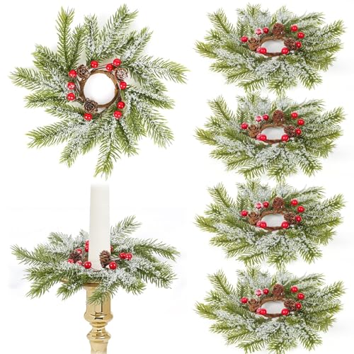 YLOLUL 6 Pack Christmas Pine Taper Candle Rings with Berries & Pinecones - Winter Holiday Decoration, Variation: Christmas-2 / 6