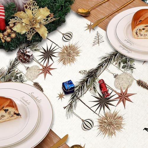 FreeNook Holly Pine Cone Christmas Table Runner 13x108 Inches – Holiday Decor