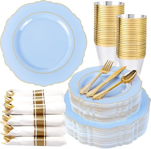 Liacere Light Blue 175PCS Disposable Dinnerware Set with Plates, Cups, Napkins & Silverware for Weddings