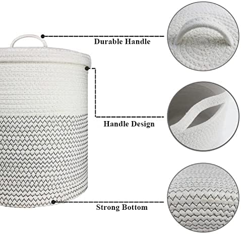 Yimi's Dream Woven Basket - Decorative Rope Storage Solution with Lid | Medium Size for Kids, Toys & Blankets (White & Black, 12D x 13.5H Inch)