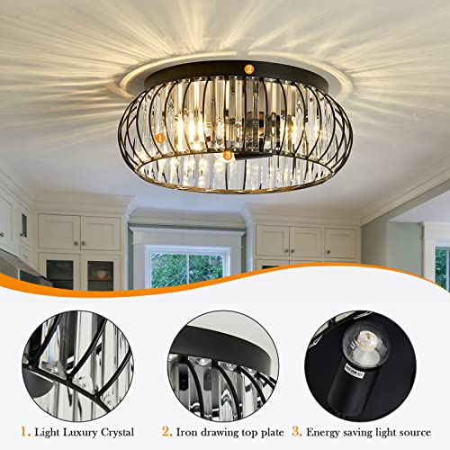 Black 3-Light Flush Mount Ceiling Light Fixture Modern Crystal Chandelier Indoor Lighting