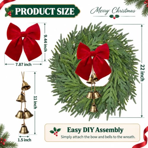 ICX 22-Inch Norfolk Pine Wreath with Bow & Bells - Realistic Holiday Decor