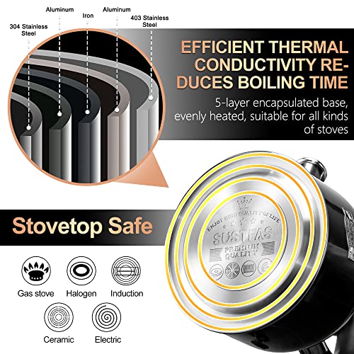 SUSTEAS Black 3.17QT Stainless Steel Whistling Tea Kettle for Stove Top