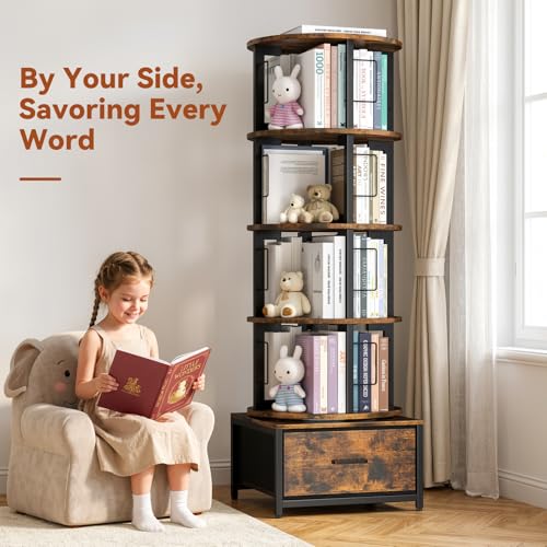 5-Tier Rotating Bookshelf Tower with Storage - Rustic Brown, Brown Variation
