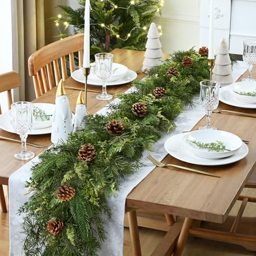 Waipfaru 2PCS 9FT Christmas Garland with Lights - Realistic Cedar & Pinecones Indoor Outdoor Decor