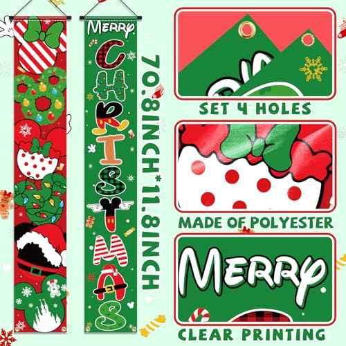 Mouse Christmas Porch Sign Banner 2pcs Christmas Door Banner for Front Yard Hanging Banner