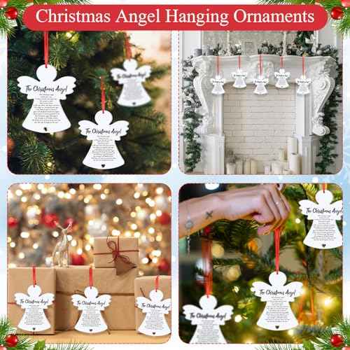 Barydat 12 Pcs Christmas Wooden Angel Ornaments Angel Hanging Ornaments for Christmas Tree Decoration Double Sided White Angel Pray Sign for Xmas Tree Fireplace Friend Family