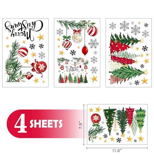Mfault Merry Christmas Tree Window Clings, Xmas Balls Snowflakes Stars Stickers Decals Decorations, Winter Holiday Pine Branches Home Kitchen Decor