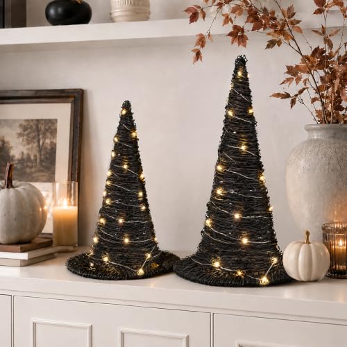 2Pcs Halloween Rattan Witch Hat Table Decor with String Lights - Party Centerpieces