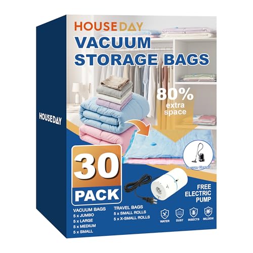 Vacuum Storage Bags Set 30 Pack with Electric Pump - Space Saver & Reusable - 6 Sizes - Combo E Pump
