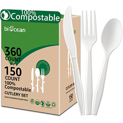 Biocean Compostable No Plastic Utensils Set 6.1-7in, 360 Count - Eco-Friendly Flatware for Parties & Camping