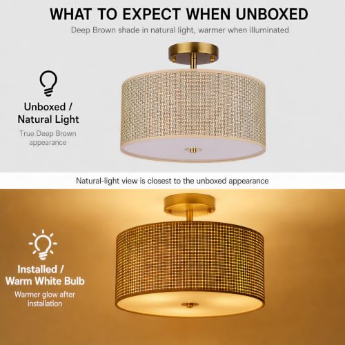 Deep Brown 13-Inch Woven Rattan Boho Ceiling Light Fixture with 3 Lights