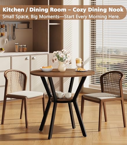 Walnut 31.5 Inch Round Dining Table for 2-4 with Storage - Small Kitchen Table