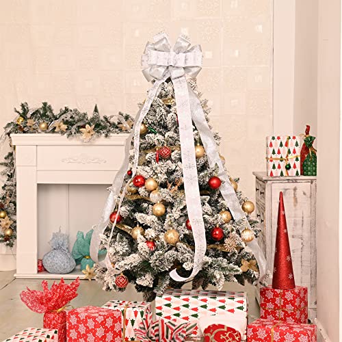 CANGBI Christmas Tree Topper Bow 40in x 13in White Glitter Satin Mesh Ribbon