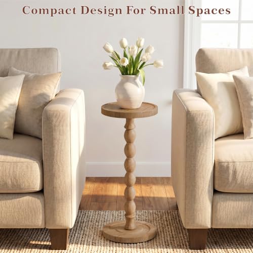 iFaveorr Brown Small Round Side Table 9.4"W x 23.8"H Rubberwood Accent Table