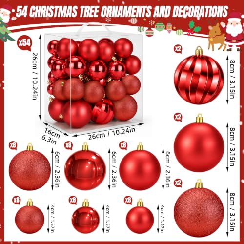 54pcs Red Christmas Ball Ornaments Set - Shatterproof, 3 Sizes, Assorted Finishes
