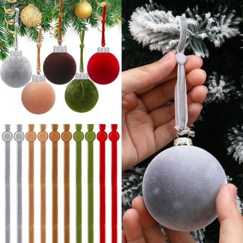 100 Pcs Christmas Velvet Ornament Strings Adjustable Ornament Hooks Non Slip Hangers Hooks Tree for Christmas Tree Decorations(Red,Green,Brown,Khaki,Grey)