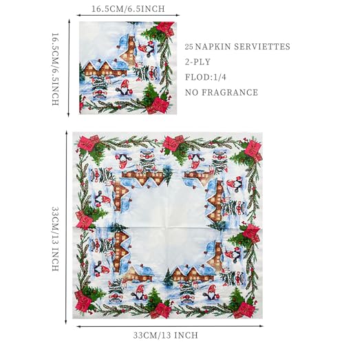 WRAPAHOLIC 25-Pack Christmas Paper Napkins with Gnome & Snow House Design, 6.5 x 6.5 Inch, 2-Ply - Red Gingerbread House Variant