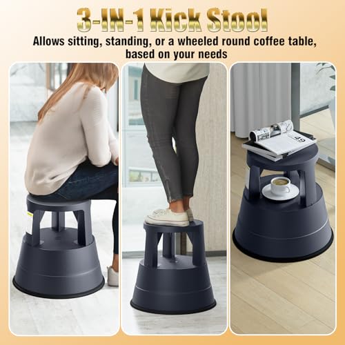 FurniCleevor Retractable Wheel Rolling Step Stool - 550lbs Capacity, Non-Slip Platform, Black - Variation 1