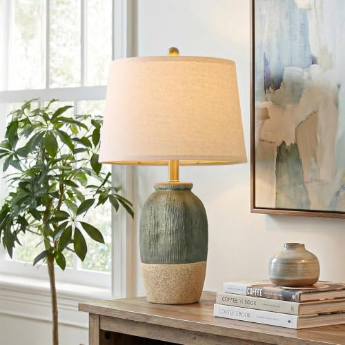 22.5-Inch Green & Earthy Yellow Ceramic Table Lamp for Bedroom & Living Room - Boho Nightstand Light - Handmade