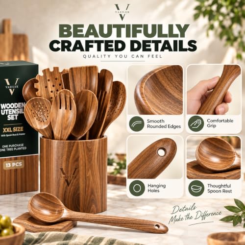 XXL Wooden Utensil Set 13-Piece with Round Holder & Spoon Rest - Acacia Kitchen Tools
