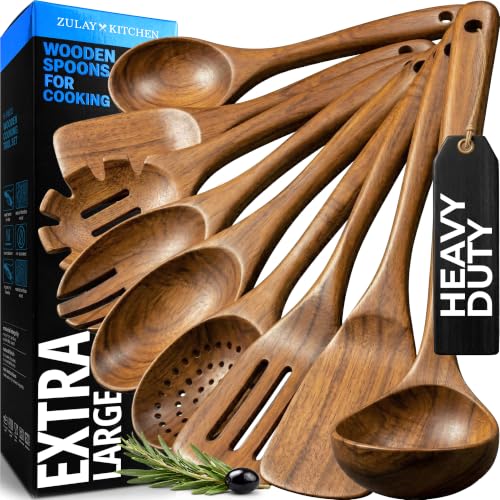 9-Piece Teak Wood Cooking Utensil Set - Non-Toxic & Non-Stick Safe Kitchen Tool Kit with Comfortable Grip - Standard Variation