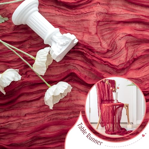 Sioloc Burgundy Cheesecloth Table Runner 10ft 5pc Set — Rustic Boho Wedding Decor