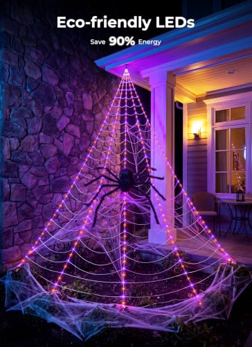 Brightown Halloween Outdoor Decorations - Orange & Purple 255-LED Giant Spider Web Lights Set
