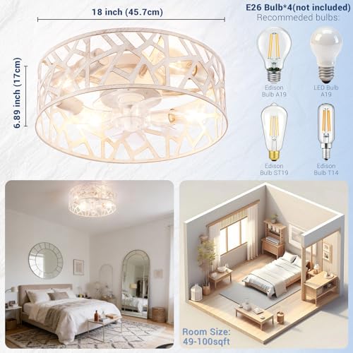 Wheatronic 18 Inch White Farmhouse Flush Mount Ceiling Fan with Lights & Remote