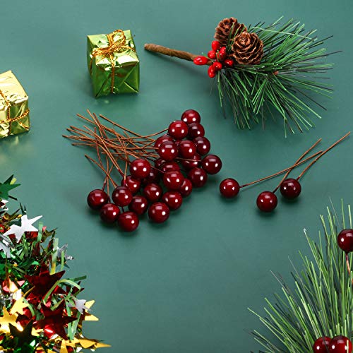 BBTO 100 Pcs Artificial Holly Berries (Dark Red, Red) on Wire Stems for Christmas Decor
