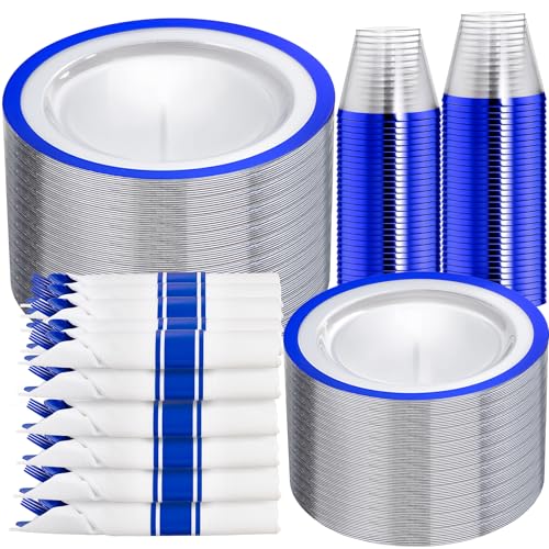 350Pcs Dark Blue Plastic Dinnerware Set for 50 Guests - Clear Plates