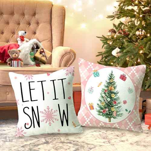 Christmas Pillow Covers 18x18 Inch Set of 4, Nutcracker Pink Hello Winter Let It Snow Christmas Tree Winter Holiday Decor Throw Cushion Case for Home Couch