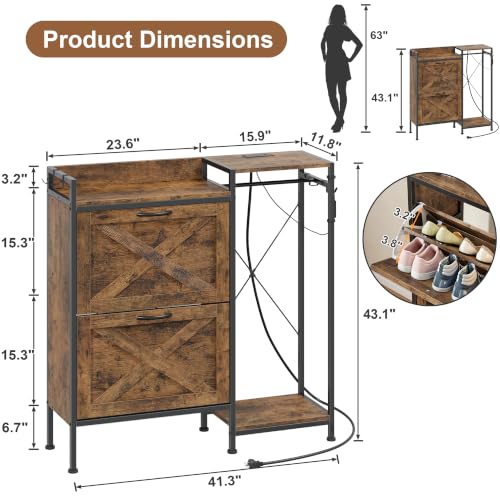 HIGDBFE 41.3W Shoe Cabinet with Flip Drawers, Coat Rack & LED Lighting