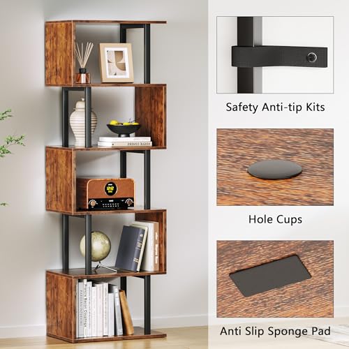 Furologee Rustic Brown 6-Tier S-Shaped Geometric Bookcase - Modern Storage Shelf