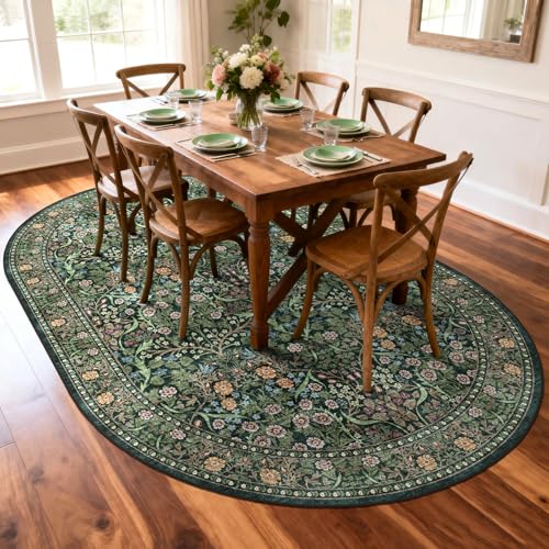 Dark Green Floral Oval Rug - 5x8 Boho Washable Area Rug for Living Room