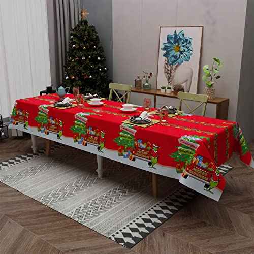 Christmas Tablecloths, Large Rectangular Disposable Tablecloth 52 by 110inch Premium Table Green and Red Plastic Tablecloth for Christmas Decoration