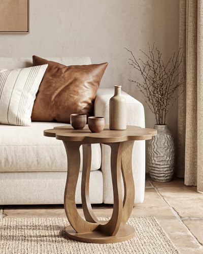 LITTLE TREE Rustic Brown Flower-Shaped Side Table - Modern Farmhouse Nightstand with Artistic S-Shaped Legs
