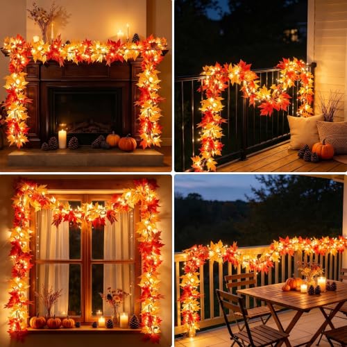 9FT Fall Garland with Lights & Large Maple Leaves - Autumn Decor, Connectable, UL Certified, Indoor & Outdoor Halloween Thanksgiving - Variation of 2