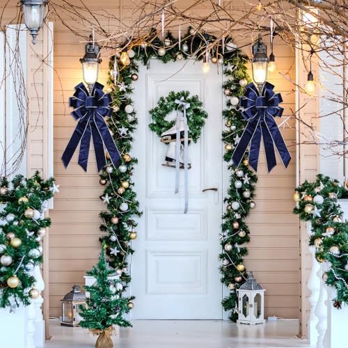YKW Large Navy Blue Velvet Christmas Bow 20.87" x 11.42" with Silver Edge - Premium Winter Holiday Wreath Bow for Front Door, Tree Topper, Elegant Xmas Decorations