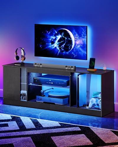 55-Inch Modern TV Stand with Power Outlets & Multi-Color LED Lights, Adjustable Glass Shelves, Black