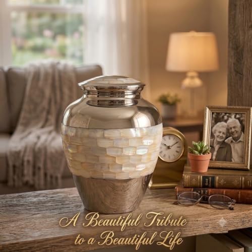 Silver Mother of Pearl Cremation Urn for Adult Ashes Large 9 Inch - Handcrafted Memorial Urn with Variations