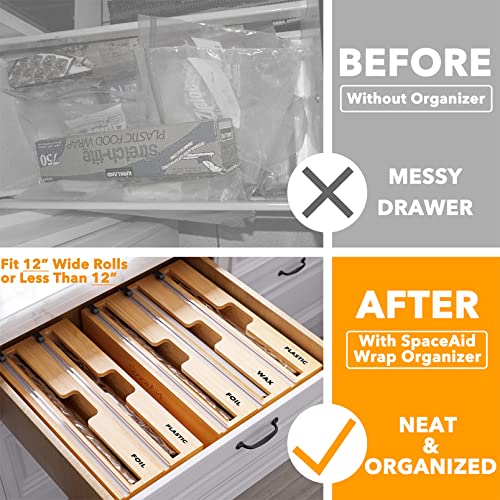 SpaceAid WrapNeat 3-in-1 Wrap Organizer with Cutter & Labels - Natural, 3 Slots, 12" Roll