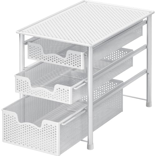 3-Tier White Sliding Basket Organizer - Space-Saving Kitchen & Bathroom Storage