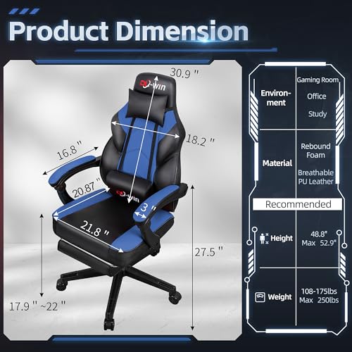 DL-win Gaming Chair for Adults with Footrest & Massager - Royal Blue