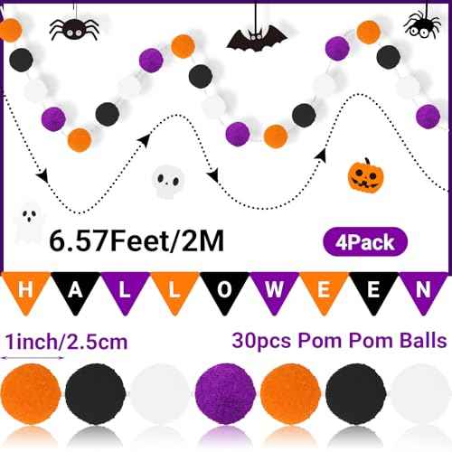 MARFOREVER 4 Pack 26.3 FT Halloween Felt Ball Garlands, Halloween Decorations 30 Balls Black Orange White Purple Pom Pom Garlands Hanging Supplies for Fall Halloweens Holiday Party Home Wall Decor