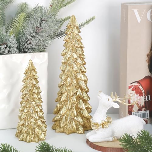 Gold Christmas Reindeer & Tree Figurine Set - Holiday Decor, Resin, 3 pcs