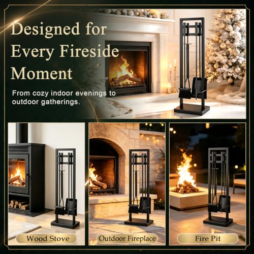 FEED GARDEN Black 5-Piece Fireplace Tool Set - 30" Solid Wrought Iron