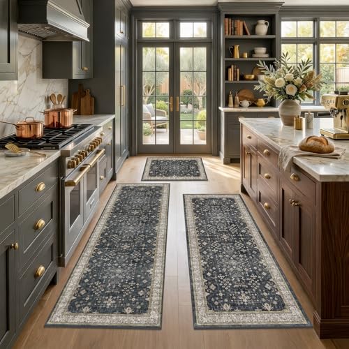 JTJ Set of 3 Black Boho Vintage Washable Non-Slip Kitchen Rugs 20x32 + 20x48 + 20x59 inches