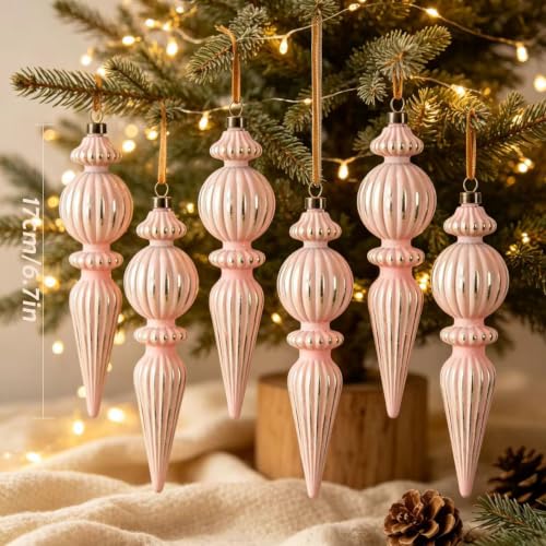 Munansli Pink Vintage Finial Christmas Ornaments, 6Pcs - Shatterproof 5.71in Pink Gold